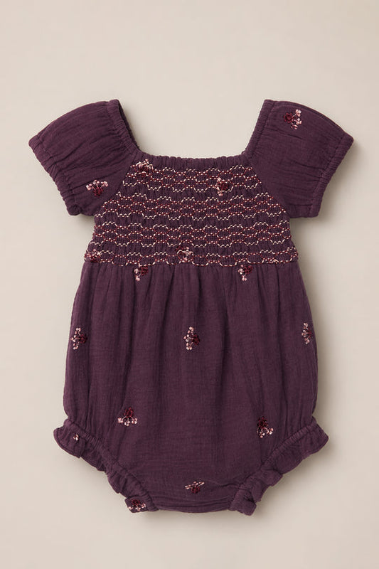 Baby Acantha Romper in Aubergine Embroidered Gauze