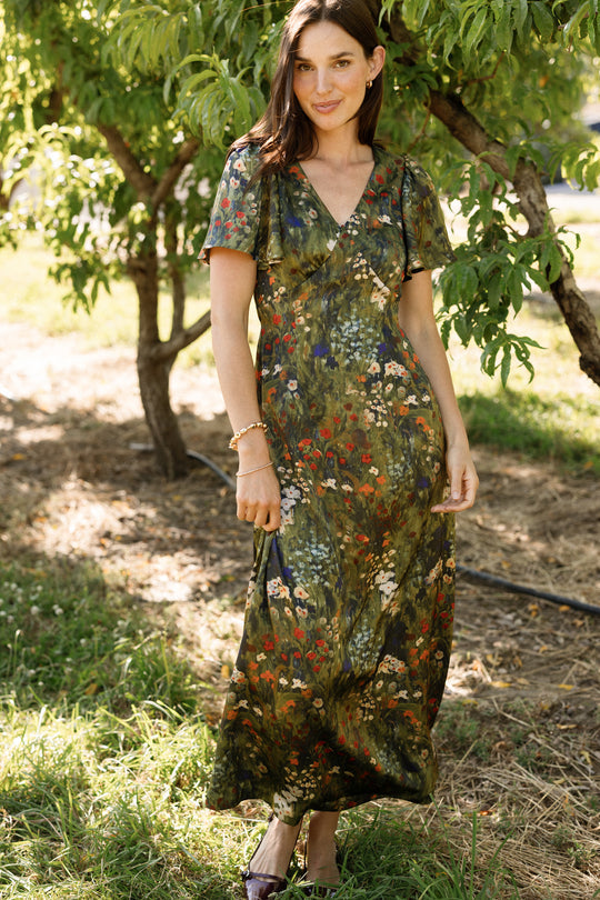 Fiona Flutter-Sleeve Maxi Dress in Impressionist Bloom