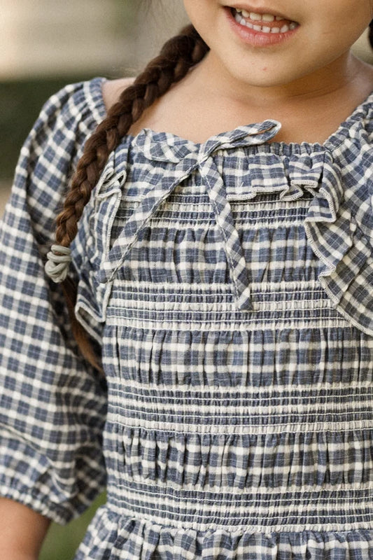 Mini Mae 3/4 Sleeve Dress in Prussian Blue Plaid