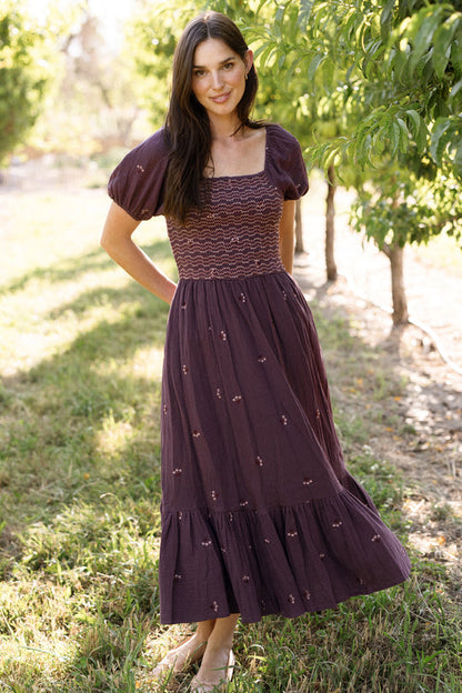 Acantha Dress in Aubergine Embroidered Gauze