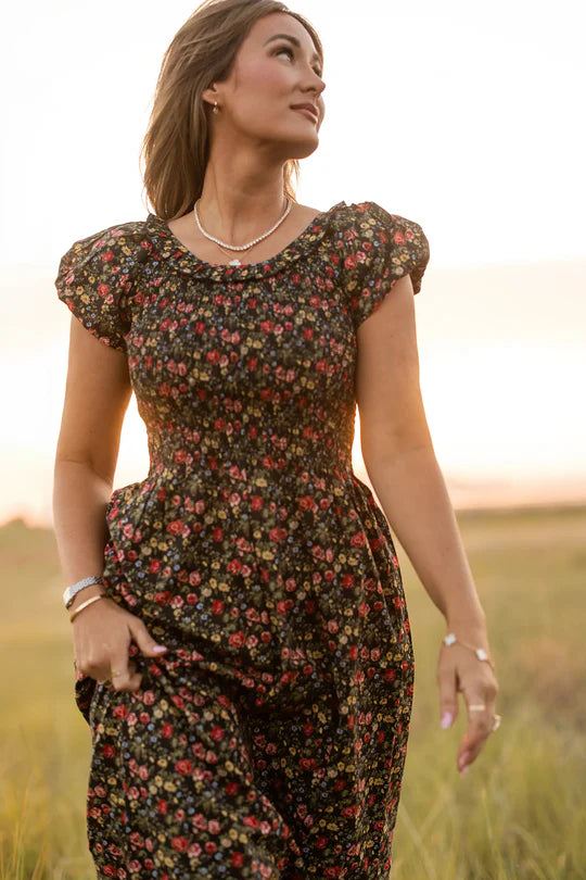 Annalise Dress in Obsidian Vintage Poppies