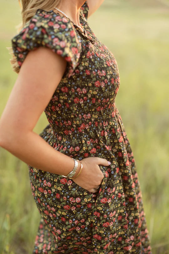 Annalise Dress in Obsidian Vintage Poppies