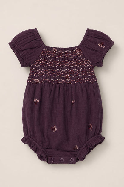 Baby Acantha Romper in Aubergine Embroidered Gauze