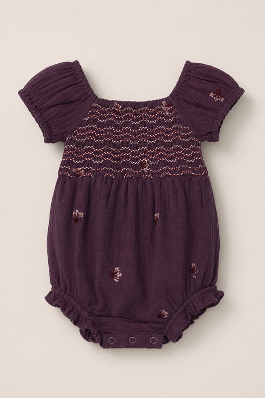 Baby Acantha Romper in Aubergine Embroidered Gauze