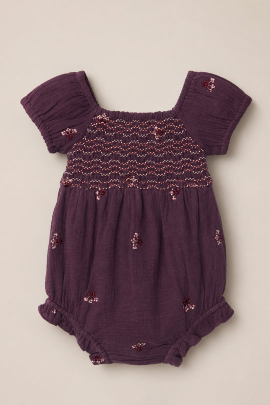 Baby Acantha Romper in Aubergine Embroidered Gauze