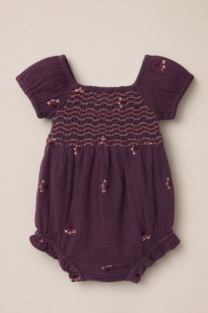 Baby Acantha Romper in Aubergine Embroidered Gauze