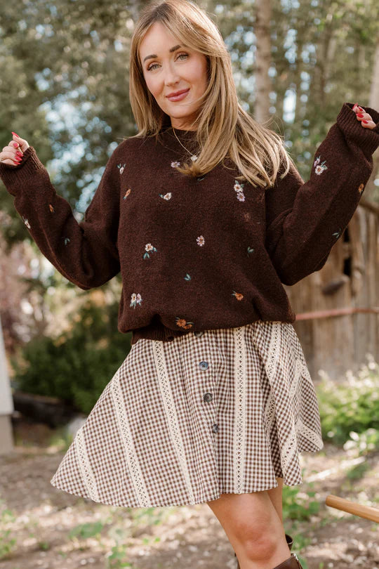 Ellis Sweater in Warm Cocoa Lovelorn Ditsy Embroidery