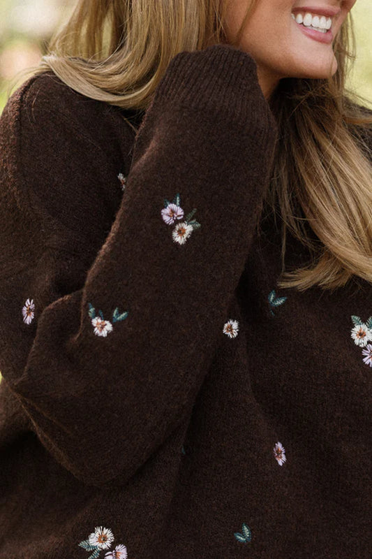 Ellis Sweater in Warm Cocoa Lovelorn Ditsy Embroidery
