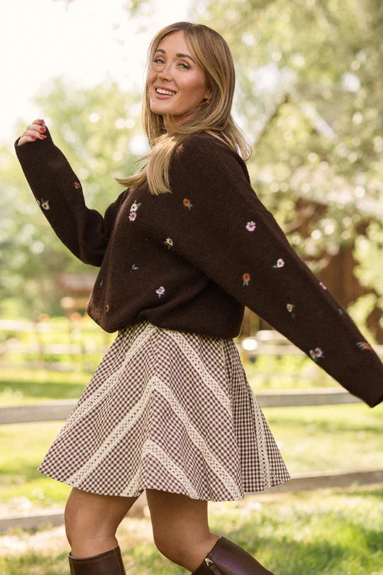 Ellis Sweater in Warm Cocoa Lovelorn Ditsy Embroidery