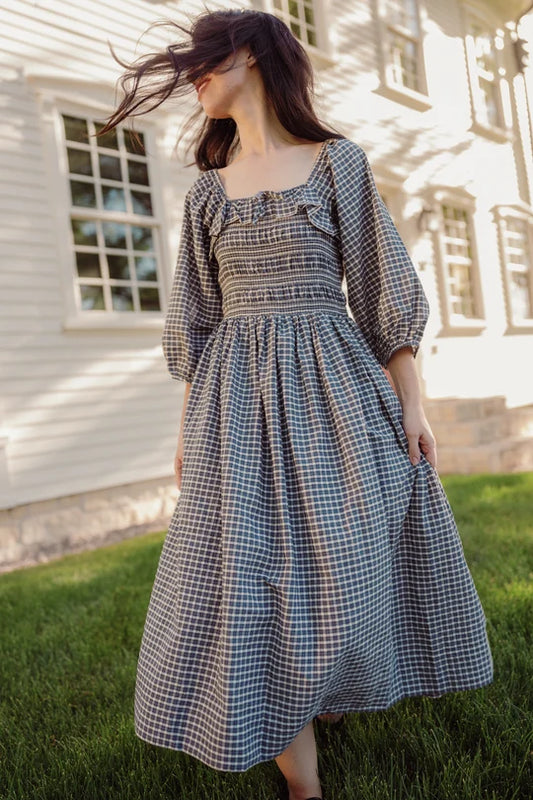 Mae 3/4 Sleeves Dress in Prussian Blue Plaid
