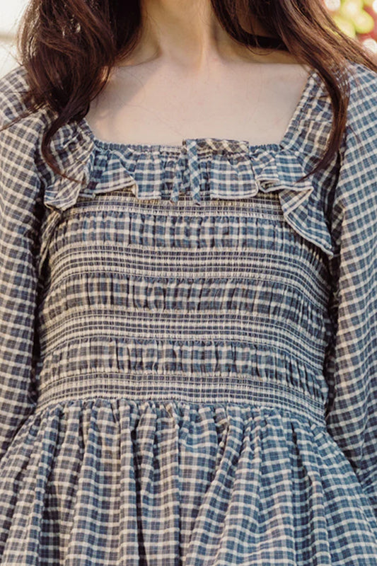 Mae 3/4 Sleeves Dress in Prussian Blue Plaid