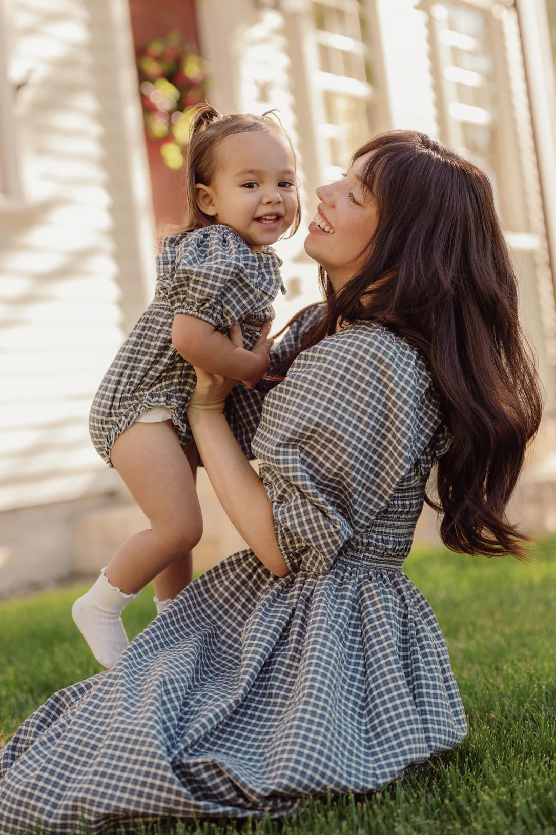Mae 3/4 Sleeves Dress in Prussian Blue Plaid