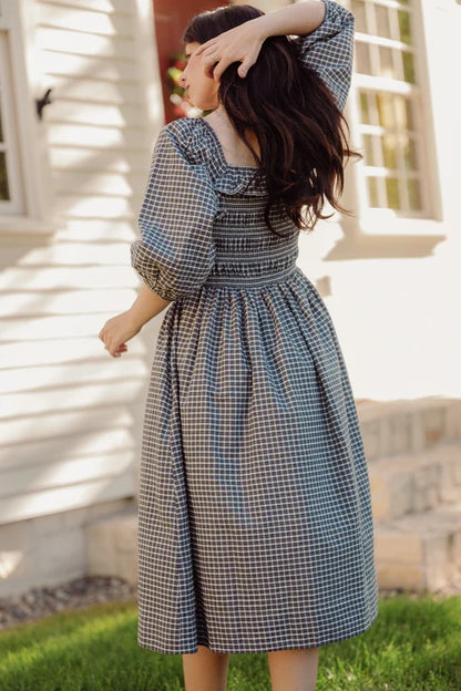 Mae 3/4 Sleeves Dress in Prussian Blue Plaid