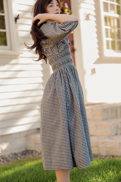 Mae 3/4 Sleeves Dress in Prussian Blue Plaid