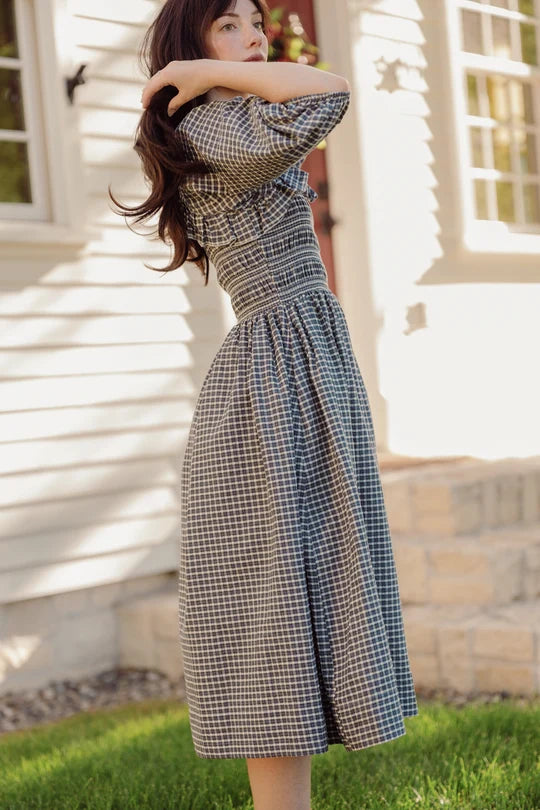 Mae 3/4 Sleeves Dress in Prussian Blue Plaid