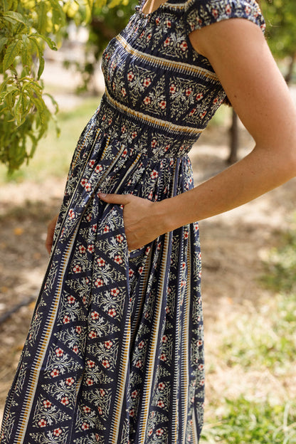 Marlow Cap Sleeve Dress in Navy Fleur