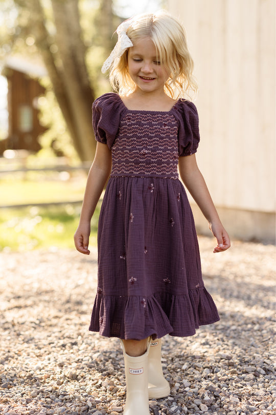 Mini Acantha Dress in Aubergine Embroidered Gauze