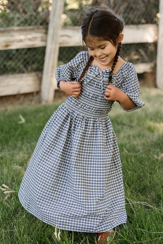 Mini Mae 3/4 Sleeve Dress in Prussian Blue Plaid