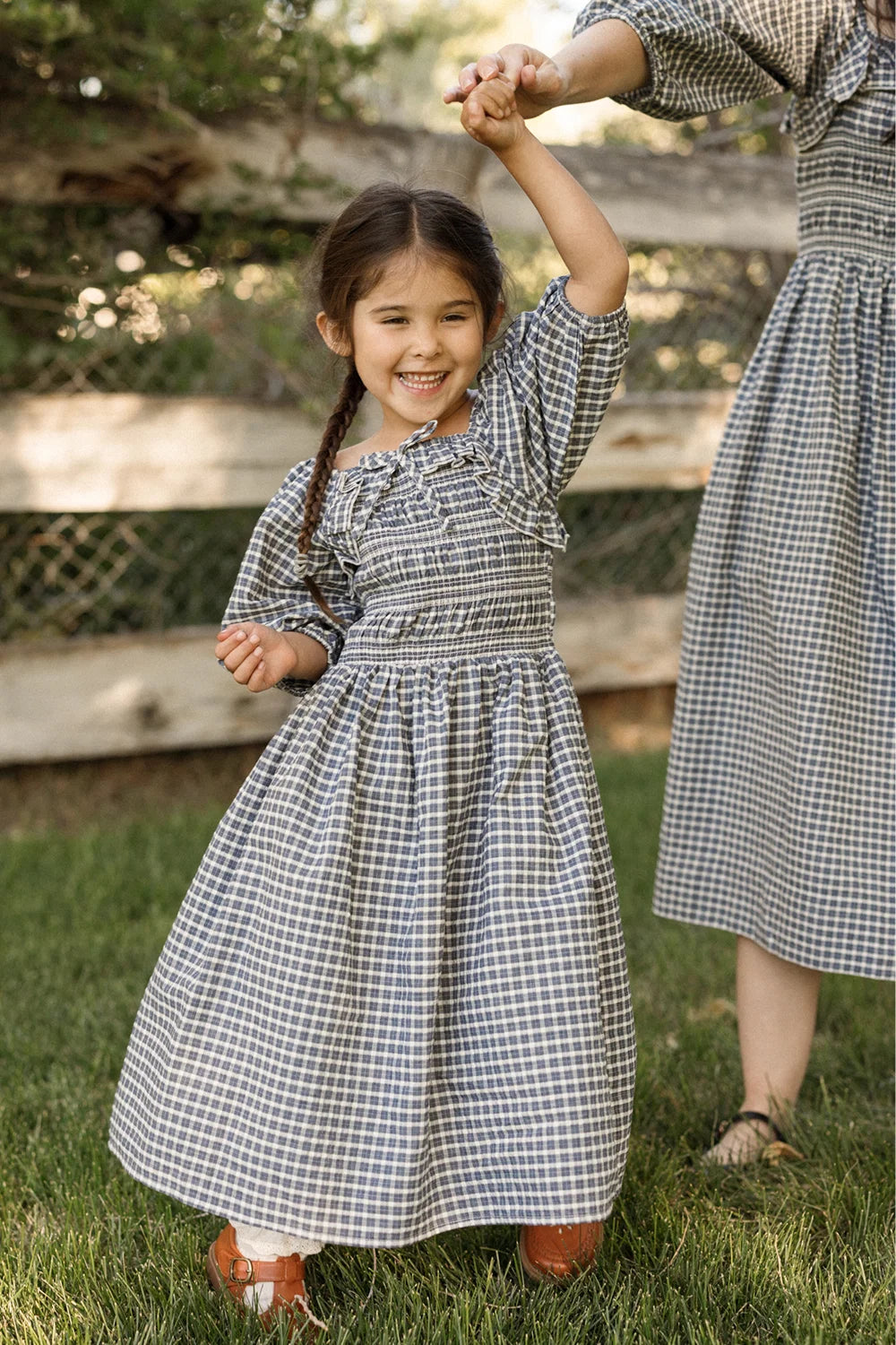 Mini Mae 3/4 Sleeve Dress in Prussian Blue Plaid