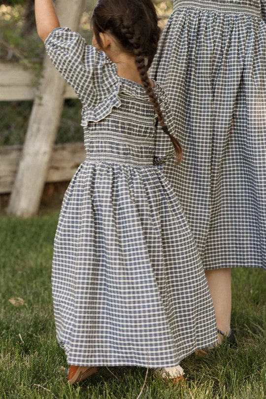 Mini Mae 3/4 Sleeve Dress in Prussian Blue Plaid