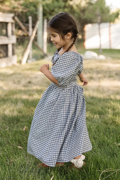 Mini Mae 3/4 Sleeve Dress in Prussian Blue Plaid