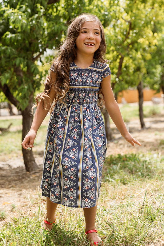 Mini Marlow Cap Sleeve Dress in Navy Fleur